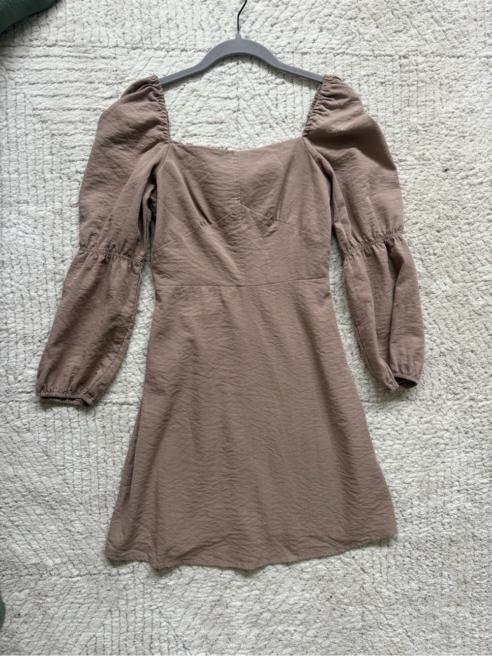 SHEIN Taupe Puff-Sleeve Square Neck Long-Sleeve Mini Dress